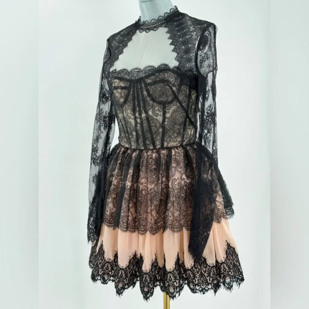 🆕 BRONX & BANCO 🧿 NWOT Daphne Illusion Lace Long Sleeve Mini Dress, Sz M US 6 - Picture 2 of 13